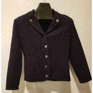 LITZA Women's Blue Pure Wool Cardigan Blazer Jacket Suit Coat with Coin Buttons